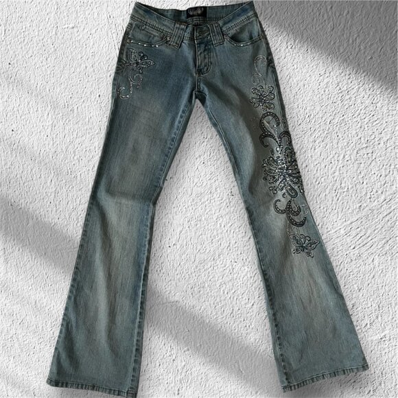 Angels Y2K Embroidered Beaded Bootcut Jeans - Picture 1 of 7